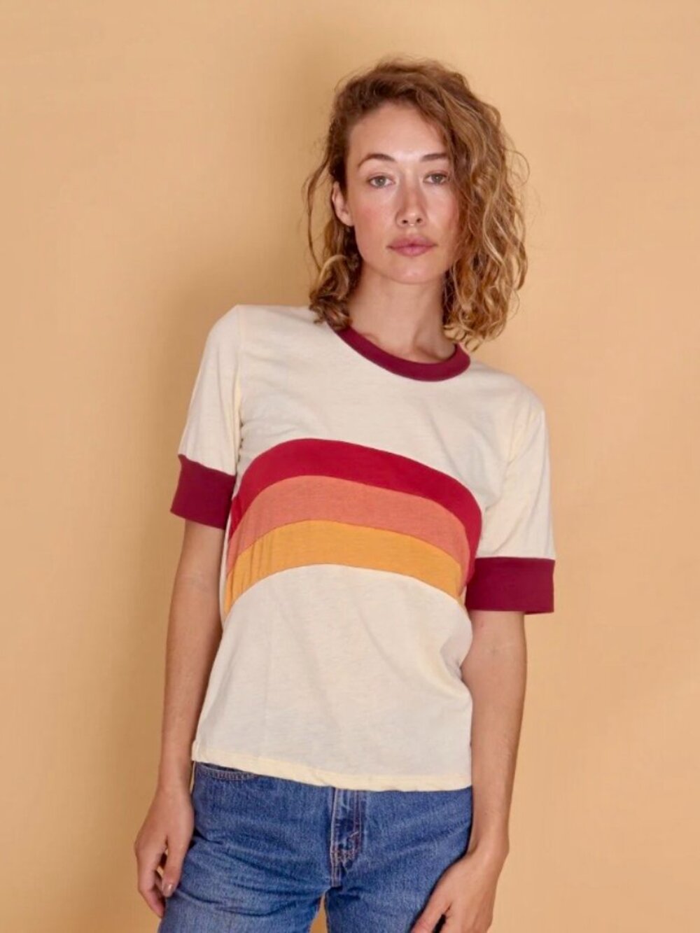 CAMP COLLECTION Over The Rainbow Maroon Orange Tee T-Shirt Retro 70's, Sz Small